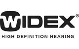 A black and white logo of the widex brand.